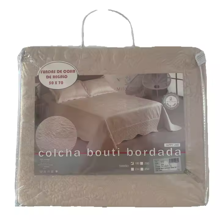 HIPERMANTA. Colcha bouti  BORDADA para CAMA de 90 cm con CUADRANTE modelo HAPPY . Disponible en color lino o blanco. - 1