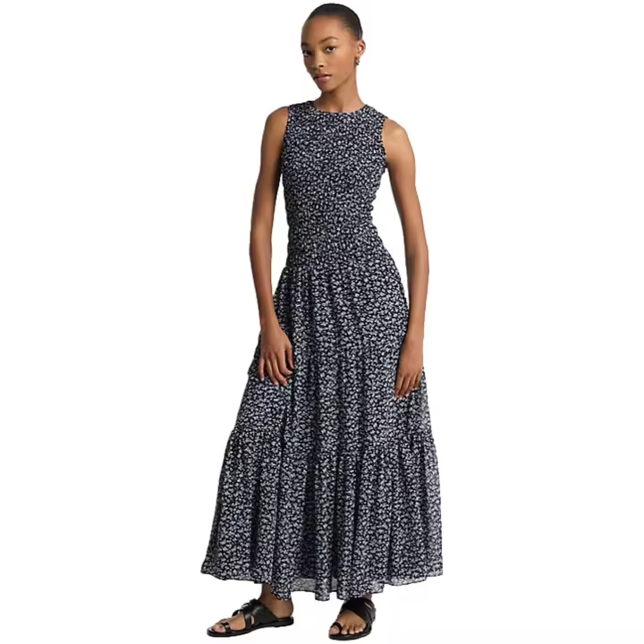 Vestido MICHAEL KORS Largo Fruncido con Estampado de Flores Color Negro - 1
