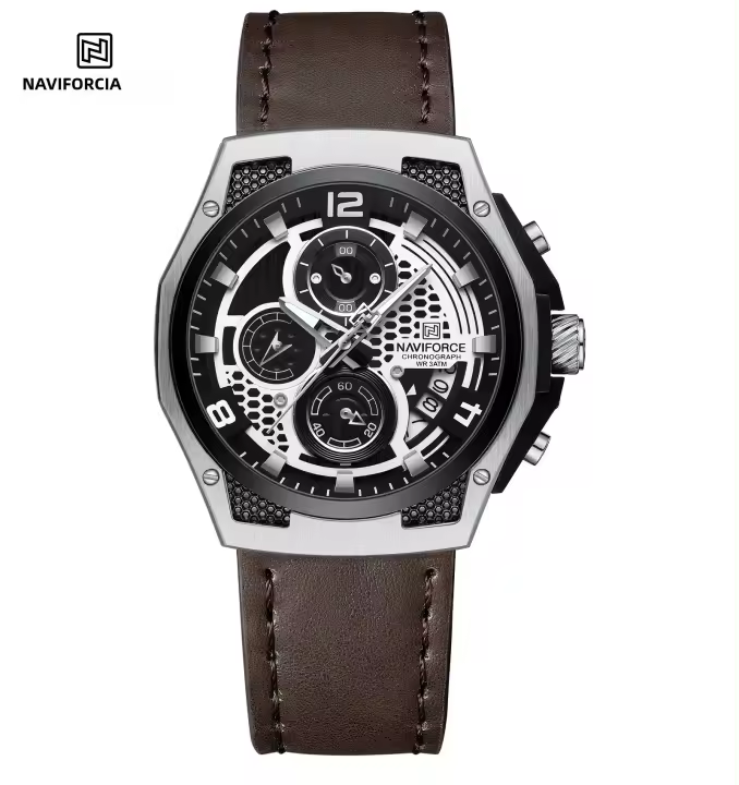 Reloj De Pulsera Para Hombre NAVIFORCE De Cuero Auténtico Resistente Al Agua Con Cronógrafo Y Luminiscencia Reloj De Cuarzo De Lujo Casual - 1
