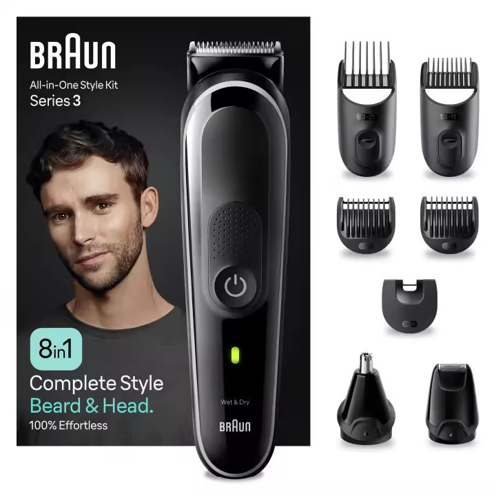 Braun Series 3 MGK3440 recortadora todo en uno, kit 8 En 1 de afeitado diario para hombres, recorte de barba, cortar el pelo, recortadora para nariz y orejas y más, con lámina ultraafilada, resistente al agua, recargable, 80 min de autonomía inalámbrica - 1