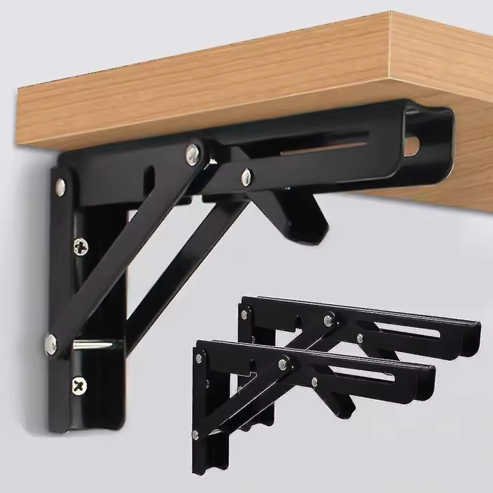 2023,2 Pcs Folding Shelf Brackets 8 Inch Black Heavy Duty Metal Triangle Table Bench Collapsible Shelf Bracket, Shelf Support Bracket Hinge Wall Mount - 1