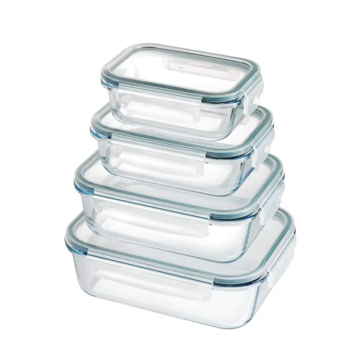 MAXHOME-Set 4 fiambreras borosilic rectangulares 370-600-1000-1500ml,Juego de 4 recipientes de almacenamiento de alimentos de cristal,recipientes de vidrio con tapas - 1