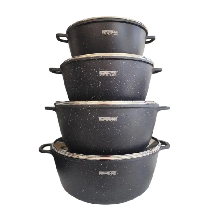 SET DE OLLAS - XXXL - GRAN CAPACIDAD - ALUMINIO FUNDIDO - DIAMETRO - 45 CM - 41 CM - 37 CM - 33 CM - APTAS PARA INDUCCION - APTAS TODO TIPO DE FUEGOS - EXTRA MANGOS DE SILICONAS - - ANTIADHERENTES - FACIL LIMPIEZA - MANCA SWISS LINE - SWISSLINE - SW2444SC - 1