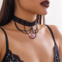 Collar Gótico Negro Con Encaje Y Pendiente De Piedra Morada Para Mujer Estilo Vintage Multicapa Cadena Metálica Para Fiesta De Halloween Joyería Steampunk - details 1