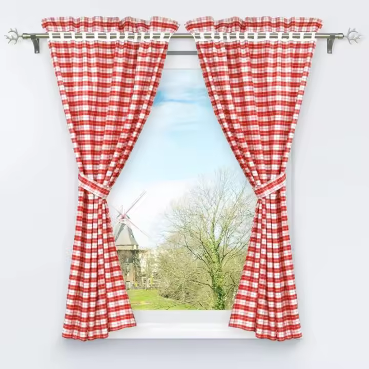 Juego de 2 piezas de cortinas perforadas opacas con 2 alzapaños, decoración de ventana con patrón a cuadros para dormitorio interior R - 1