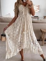 Sin Mangas, Cuello en V, Vestido Fruncido con borlas, Vestido Largo con Volantes y Fruncido con Cordones para Mujer - details 1