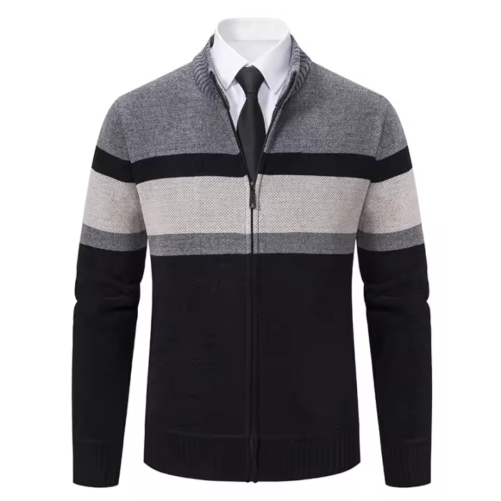 Chaqueta De Punto Para Hombre Con Cuello Erguido Y Cremallera Estilo Casual Thicken Fleece Caliente Suéter Con Patrón Rayado Abrigo De Invierno - 1