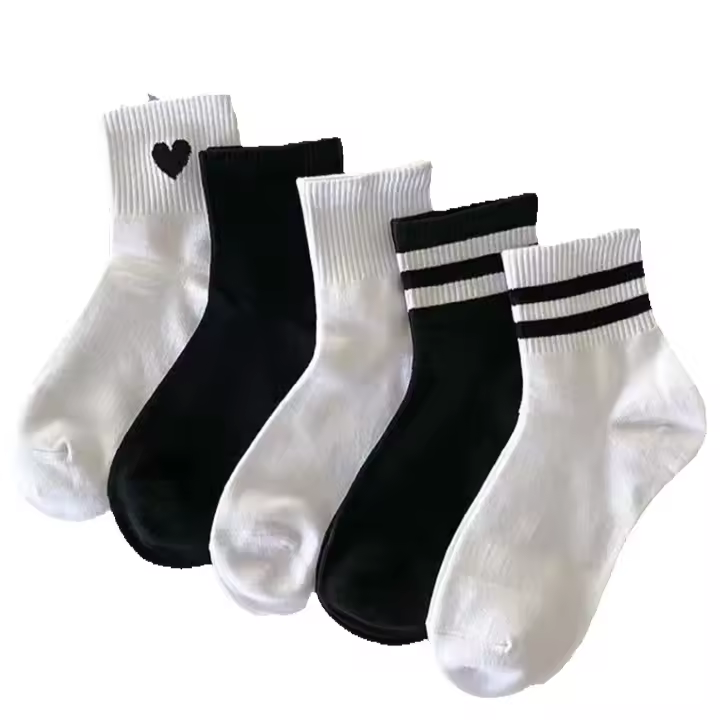 5 Pares De Calcetines Deportivos Casuales Para Mujer En Colores Negro Y Blanco Con Estampado Rayado Calcetines Tubo Medio Transpirables - 1