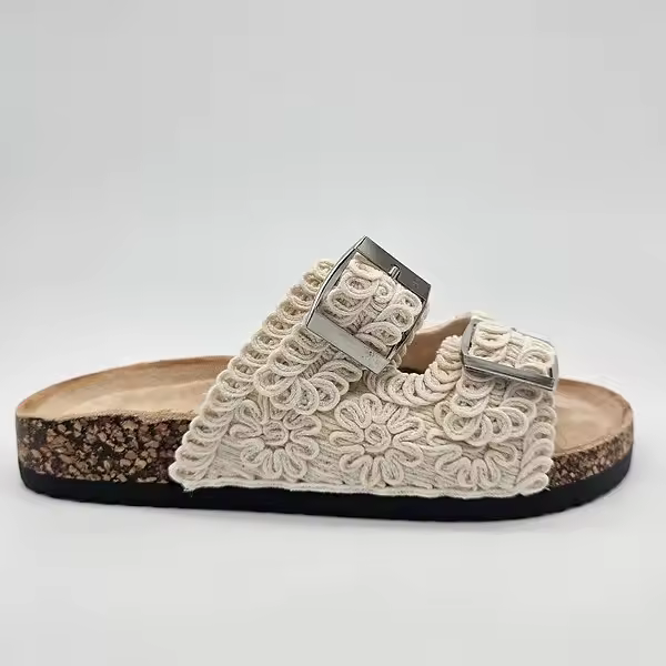 TEOVEL Sandalia Crochet Plana Doble Tiras - Suela de Bio Antideslizante - Ref TZ  Beige - Hebillas Ajustables - Nueva Colección - - 1