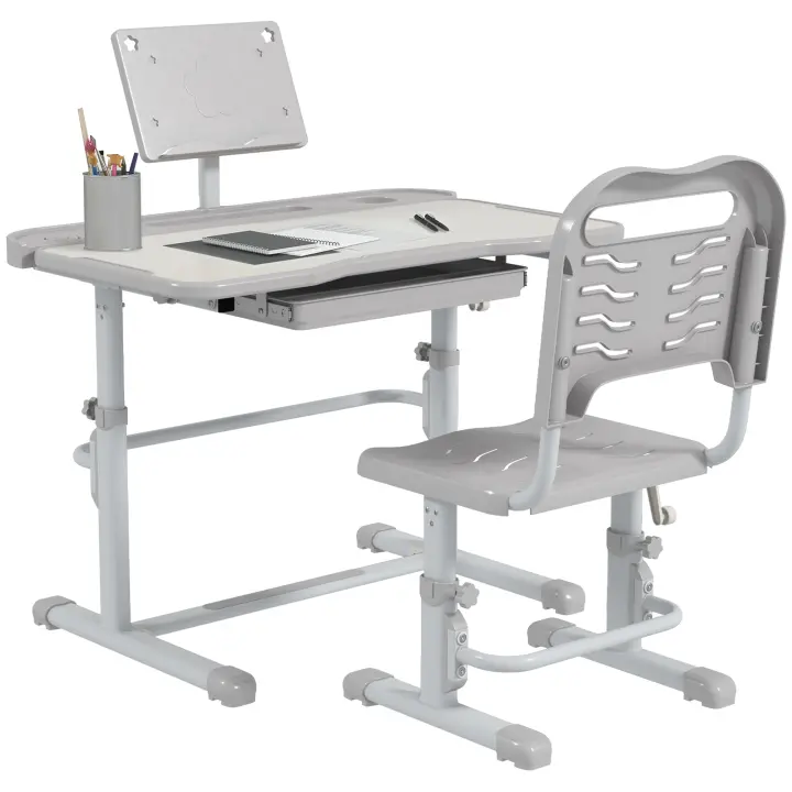 ZONEKIZ Juego de Escritorio y Silla para Niños de 6-12 Años Pupitre Infantil Altura Ajustable con 1 Cajón 1 Estante para Libros y Ángulo de Mesa Ajustable 80x49,5x82-104 cm - 1
