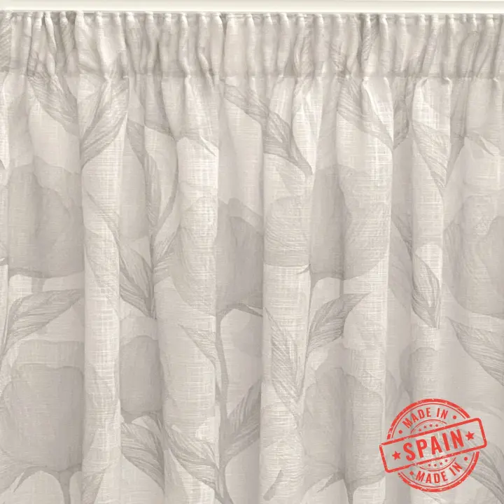Cortina translúcida, visillo en estampación digital confeccionada en cinta multifunción (cinta fruncidora o pasabarras), combina diseño floral y colores grises. Cortinas para salón, dormitorio y cocina. Medidas: 140x270 Hecha en España. - 1