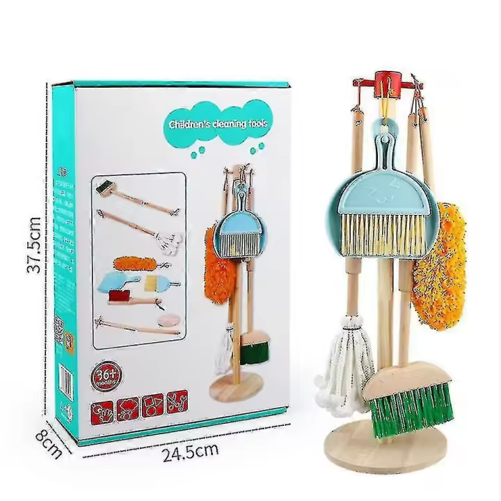 Juego de limpieza de juguete desmontable de madera, juguetes de limpieza para niños 6 piezas-Soporte colgante Juego de herramientas de limpieza de cocina para niños regalo A - 1
