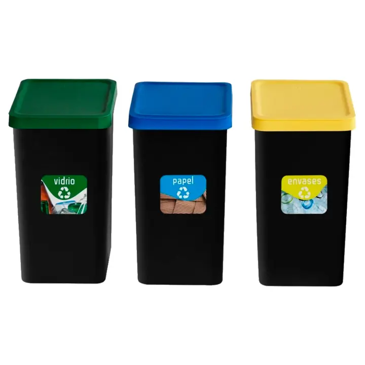 Tradineur - Set de 3 Cubos de Reciclaje - Verde (Vidrio), Amarillo (Envases) y Azul (Papel) - Capacidad: 28 litros - Plástico - Cubos para almacenamiento de basura - 46 x 25 x 35 cm - 1