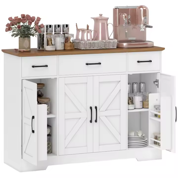 HOMCOM Aparador de Cocina Rústico, Armario de Cocina con 4 Estantes de Puerta, 3 Cajones, Estantes Ajustables, Puerta con Cierre Suave, Mueble de TV para 48-55 Pulgadas, 120x38x87 cm, Blanco y Nogal - 1