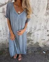 Falda Casual De Verano Manga Larga Cuello V Color Sólido Algodón Y Lino Ajuste Suave Vestido Midi Para Mujer - details 7