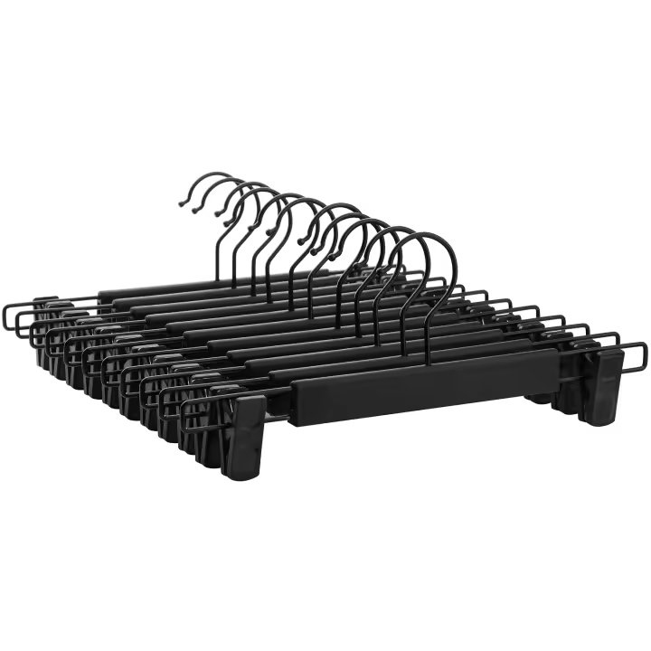 SONGMICS 12 Perchas para Pantalones, Alta Resistencia y Duradera con Pinzas, Perchas Plástica Faldas, Ahorran Espacio, Ganchos Giratorios de 360°, 35 cm de Largo, Negro - 1