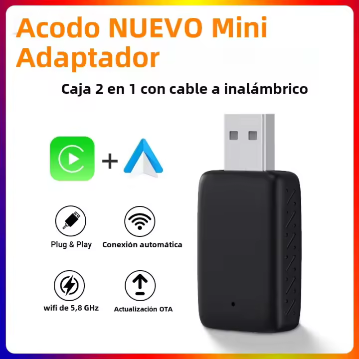Adaptador 2en1 Mini AI Para Coche Acodo Cableado a Inalámbrico Carplay Y Android Auto Compatible Con 99% De Los Coches Plug And Play Dongle Inteligente - 1