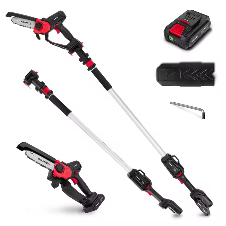 GREENCUT PP200L - Podadora de altura telescópica de batería de 240V, espada de 152mm, altura máxima de 225cm con barra extensible, INCLUYE batería y cargador - 1