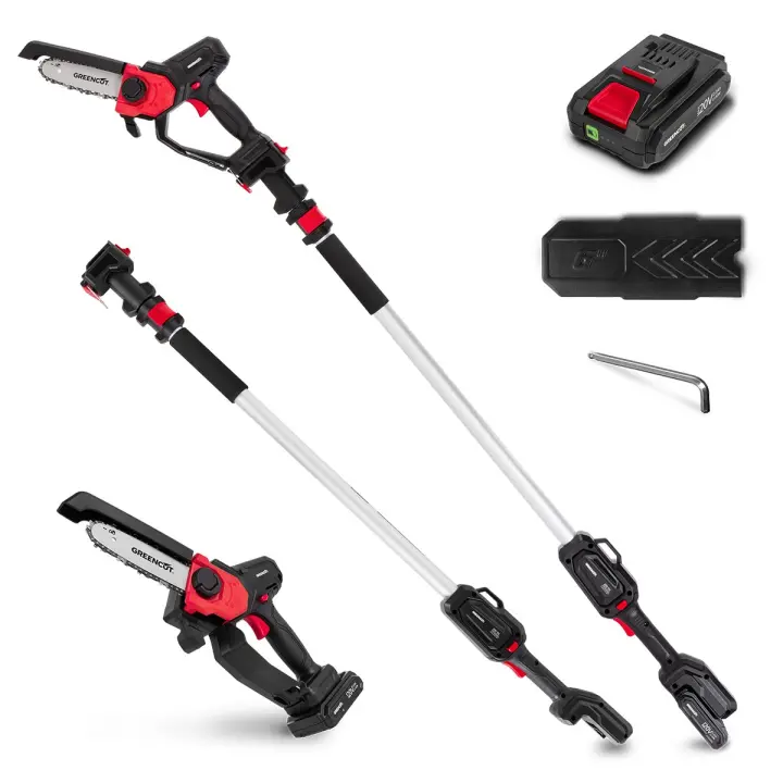 GREENCUT PP200L - Podadora de altura telescópica de batería de 240V, espada de 152mm, altura máxima de 225cm con barra extensible, INCLUYE batería y cargador - 1