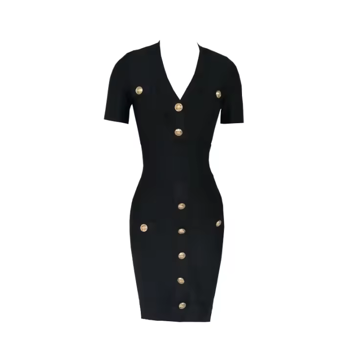 Vestido Bandage Negro Elegante De Verano Para Mujer Con Cuello En V Manga Corta Botones Metálicos Casual Para Fiesta De Playa Ropa De Calle Alta Comodidad Slim Fit Longitud De Rodilla - 1