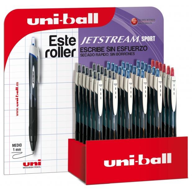 Uni-ball jetstream sport expositor de 36 bolígrafos retráctiles - punta de bola 1 mm - tinta pigmentada resistente al agua y a la luz - secado instantáneo - colores surtidos