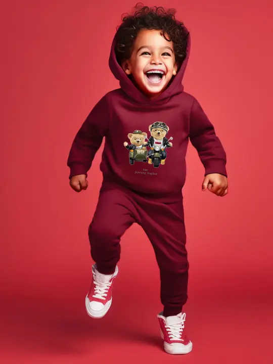 Conjunto De Dos Piezas Para Niños Con Estampado De Oso En Moto Triciclo Y Sudadera De Manga Larga Con Capucha Estilo Casual Para Todas Las Estaciones - 1