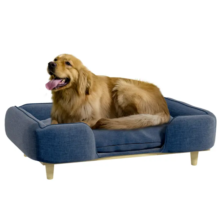 PawHut Sofá para Perros Grandes Cama Elevada para Perros con Patas de Madera y Cojín Lavables Cama para Mascotas Carga 30 kg 96x66x24 cm Azul - 1