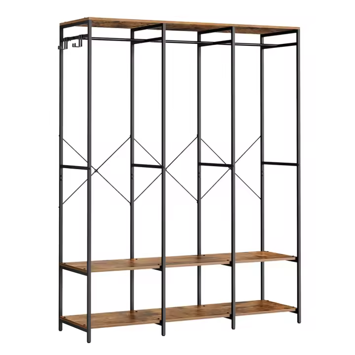 Armario de ropa portátil plegable, perchero con barras de colgar, estantes y ganchos extraíbles, organizador versátil, color marrón rústico o beige natural - 1