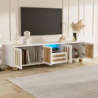 Soporte de TV moderno 180x40x47 cm-Cuadro Blanco y Madera, con 4 Puertas, 1 caja y Luz LED - Esquinas redondo, Petas esféricas1, material de almacenamiento múltiple - details 1