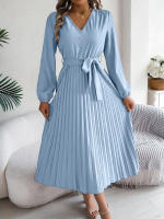 Vestido Elegante De Mujer Con Botones Y Cuello En V Manga Larga Plegado Con Cierre De Lazo Estilo Casual A-Line Para Primavera/Otoño - details 0