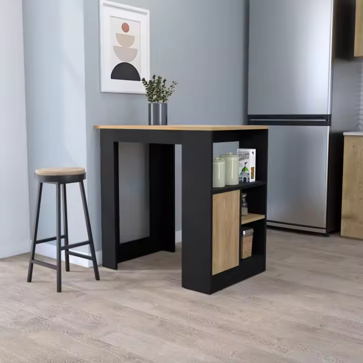 Isla de cocina Stirling en melamina con 3 estantes y puerta de almacenamiento inferior , Negro / Beige , 91.3 cm X 92 cm X 59 cm - 1