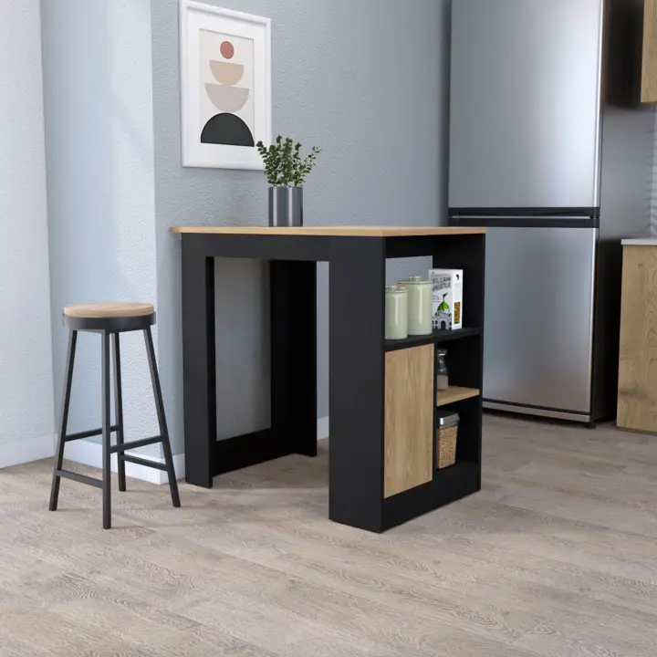 Isla de cocina Stirling en melamina con 3 estantes y puerta de almacenamiento inferior , Negro / Beige , 91.3 cm X 92 cm X 59 cm - 1