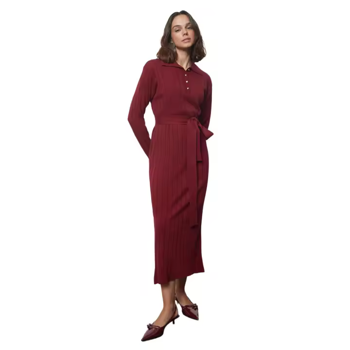 Trendyol Burgundy Belted Buttoned Polo Collar Knitwear Ribbed Knitted Sweater Dress Tctaw25Eb00026 - 1