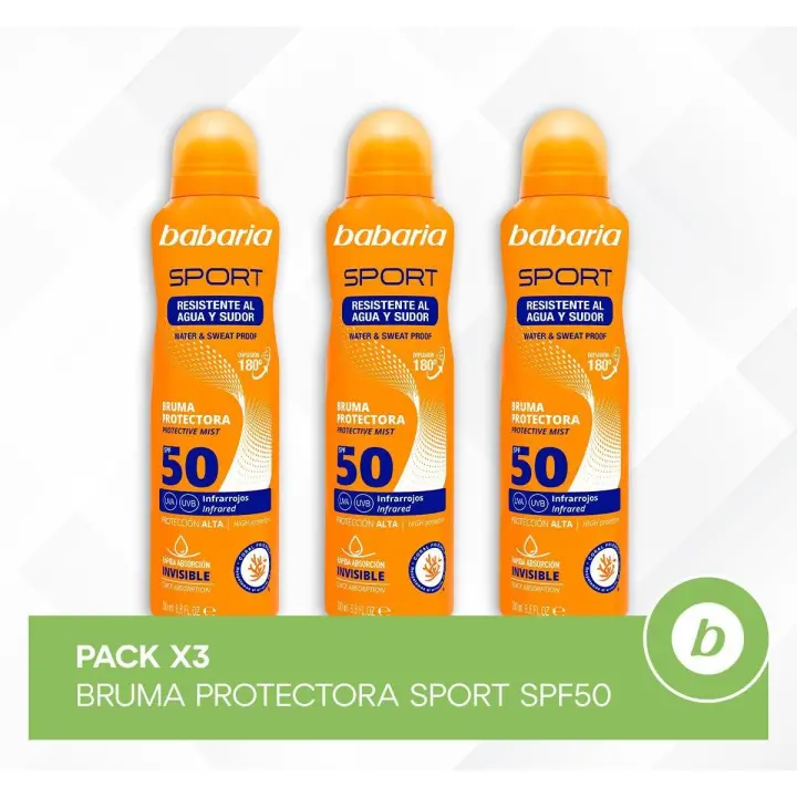 Babaria Pack 3x Bruma Protectora Sport SPF50: Spray de aplicación invisible SPF50, Resistente al Agua y Sudor 200ml - 1
