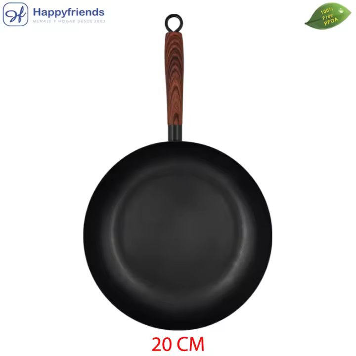 Juego de 3 Sartenes Cocina Llanas Acero de Carbono Inducción | Revestimiento Antiadherente | Calentamiento Rápido y Uniforme | Libre de PFOA | Mango silicona Estilo Madera Soft-Touch  | Modelos y Tamaños a Elegir Ø20/24/26/28/30 CM - Happy Friends - 1