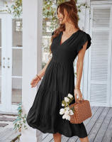 Vestido Largo Medio De Verano Para Mujer Con Manga Volante Y Cuello V Estilo Casual Suelto A-Line Sin Capucha Material Viscosa Y Poliéster - details 24