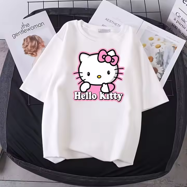 Camiseta Sanrio Hello Kitty Aranyos Rajzfilm Mintás Vaselina Poliéster Algodón Cuello Redondo Manga Corta Estilo Casual Joven - 1