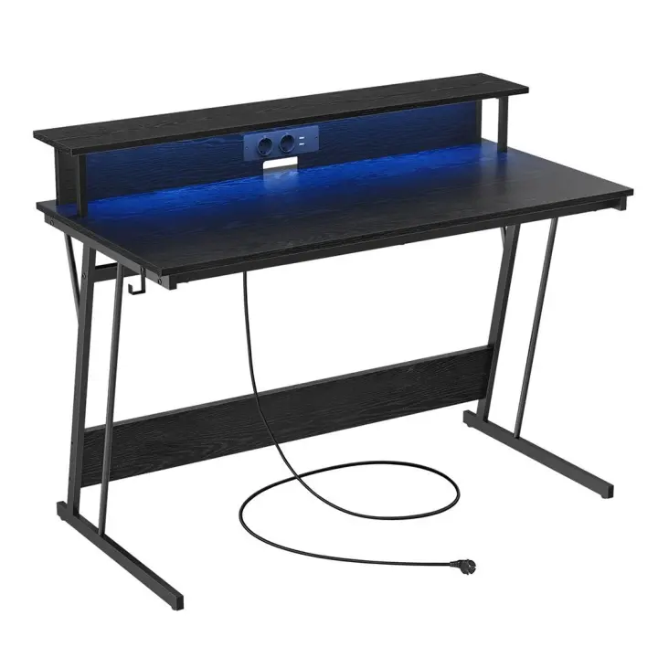 Escritorio gaming 120 cm con luz led, tomas de corriente con enchufe, estante superior para 2 monitores, para dormitorio - 1