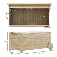 Outsunny Baúl de Almacenaje Exterior 185L Arcón de Jardín de Madera Impermeable con Tapa Abrible 2 Ruedas Cuerdas de Lino Bisagras Metálicas y Forro Interno 110x50x50 cm Natural - details 2