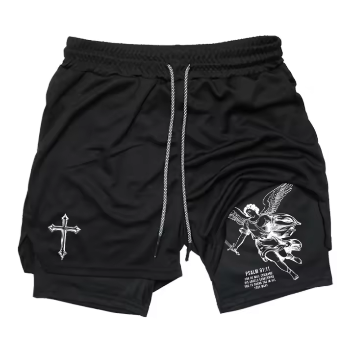 Shorts De Entrenamiento Para Hombre Con Estampado De Cruz Ángel 2 En 1 Secado Rápido Bolsillo Para Teléfono Y Anillo De Toalla Activewear Para Gimnasio Y Correr - 1