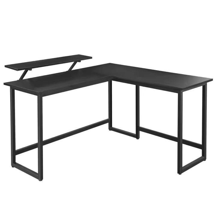Escritorio con soporte de monitor, en forma de L, ideal para oficina, estudio y juegos, pies ajustables, marco de metal, montaje fácil, disponible en marrón rústico o negro - 1