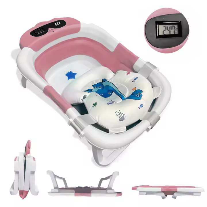 BATHBY Bañera Plegable para Bebés Recién Nacidos · Cojín Reductor con diseños de animales ·  Termómetro Integrado · Patas Antideslizantes · Tapón de Seguridad · Compacta y Segura · Varios Colores - 1