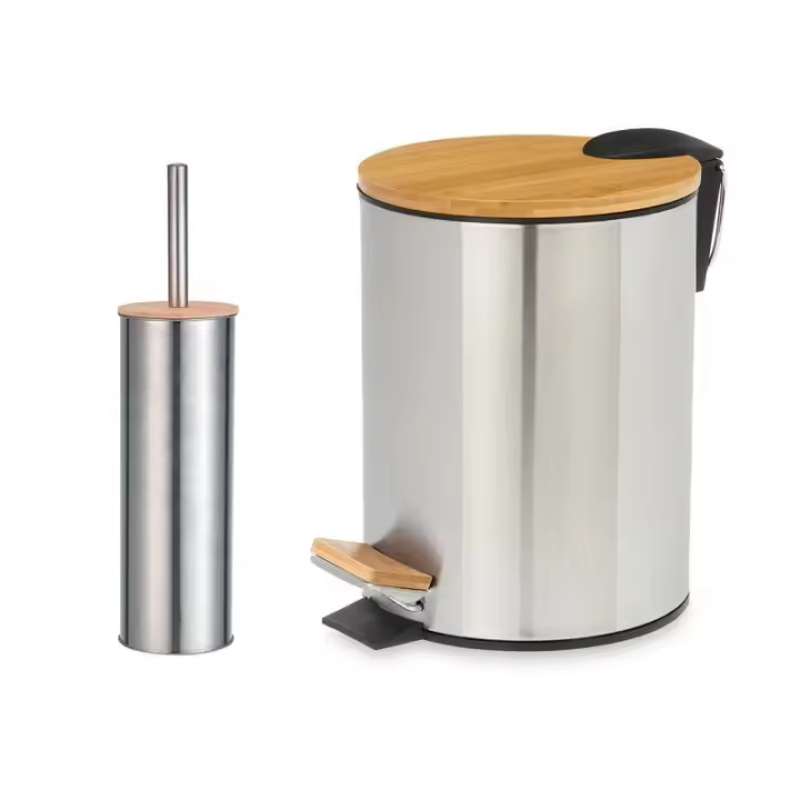 Dcasa Conjunto papelera 3 litros  y escobillero diseño plateado con tapa de bambu - 1
