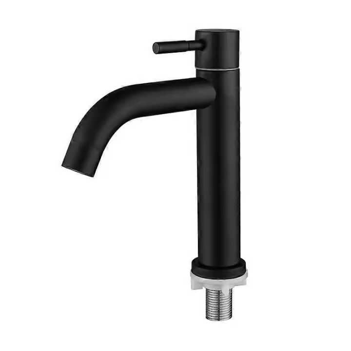 Grifo de agua fría individual para lavabo de baño de acero inoxidable, color negro - 1