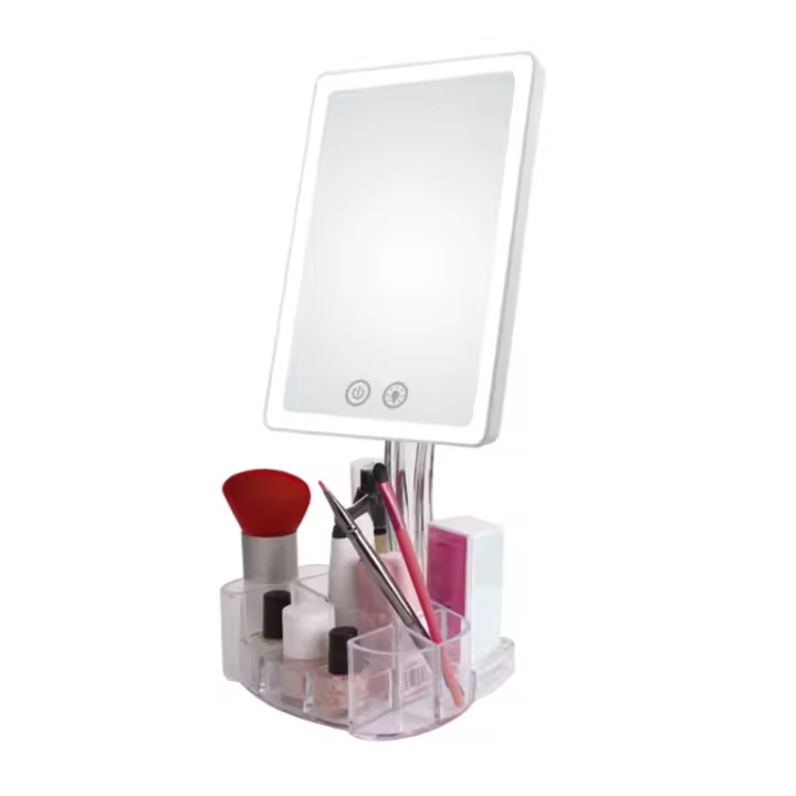 Espejo cuadrado LED. Incluye soporte con almacenamiento. Con iluminación, carga micro USB o pilas AA - 1