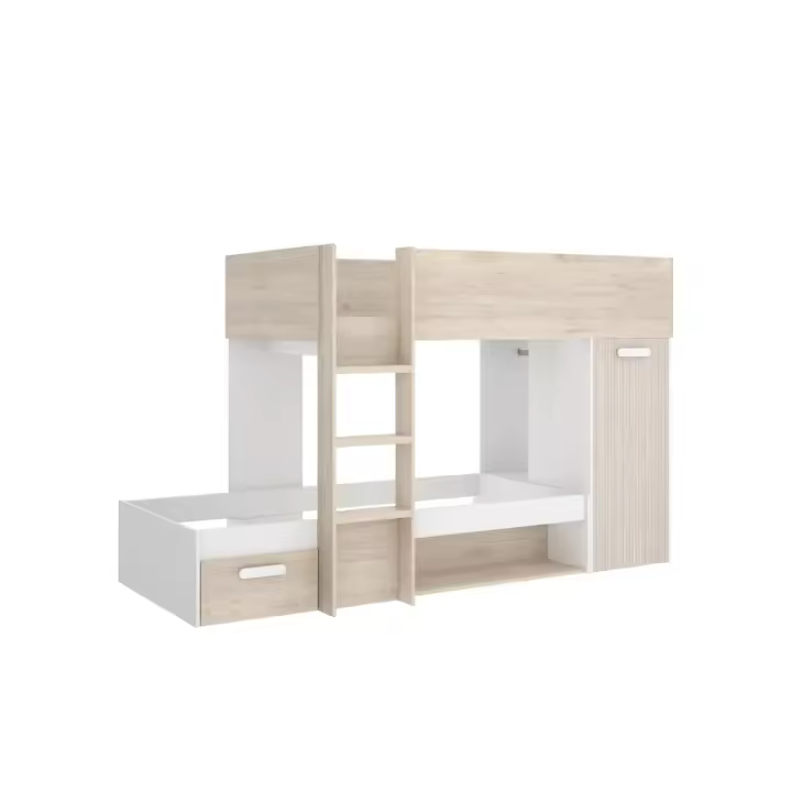 Cama tren Kos 2 camas + armario + cajón + 2 compartimentos + barra natural 150x246x112 cm - 1