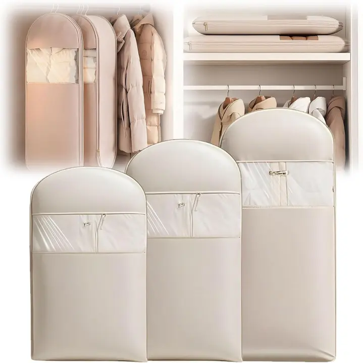 Bolsa para ropa colgante que ahorra espacio con cremallera autocomprimible, funda antipolvo para abrigos de plumas, organizador de armario que ahorra espacio.(Beige,Small+Medium+Large) - 1