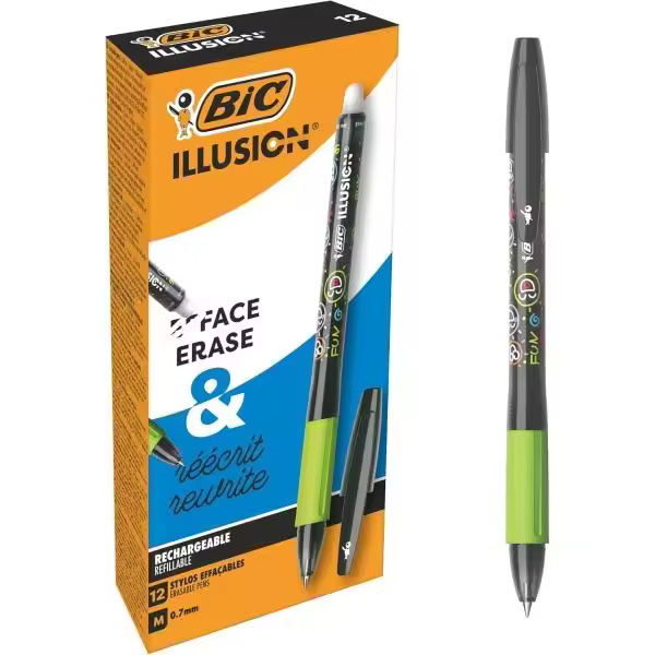 Bic illusions boligrafo borrable - punta media de 0.7mm - grip de goma - recargable - color negro (12 uds) - 1