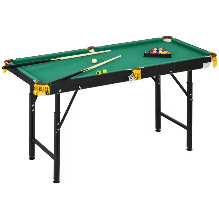 SPORTNOW mesa de billar 4,6 pies plegable 140 x 63 x 55-75 cm mesa de billar con accesorios, triángulo, 2 tacos, 16 bolas para jóvenes, adultos, acero, verde - 1