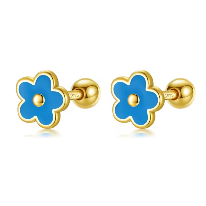 925 plata esterlina moda 18K oro esmalte flor tornillo pendientes de broche para la hija joyas fina regalo - 1
